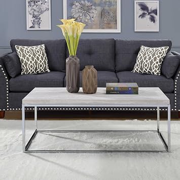 Coffee Table Light Oak and Chrome 48x24x18 Rectangular Open Base Sled Metal Frame Easy Assembly Knock-Down for Living Room Office Apartment