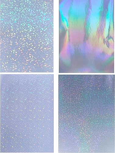 24 hojas de láminas laminadas holográficas en frío, tamaño A4, láminas autoadhesivas (diamante roto, transparente, estrellas, diamante)