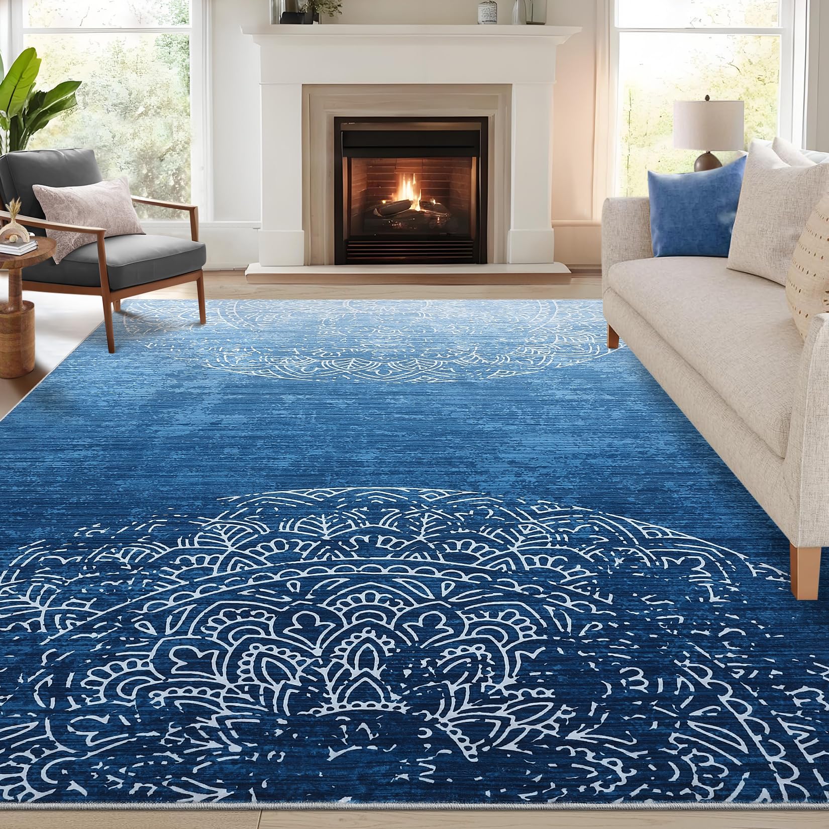 garveehome washable 9x12 area rug large living room rug modern ombre carpet stain-resistant non-slip soft dining room for under table modern medallion accent carpet for bedroom office, navy blue