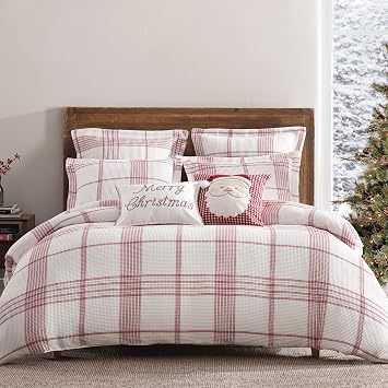 Levtex Home - Peppermint Plaid Duvet Cover Set - King Duvet Cover + Two King Pillow Cases - Red, Cream - Waffle Plaid - Duvet Cover 106 x 94in. and Pillow Case 36 x 20in. - Cotton