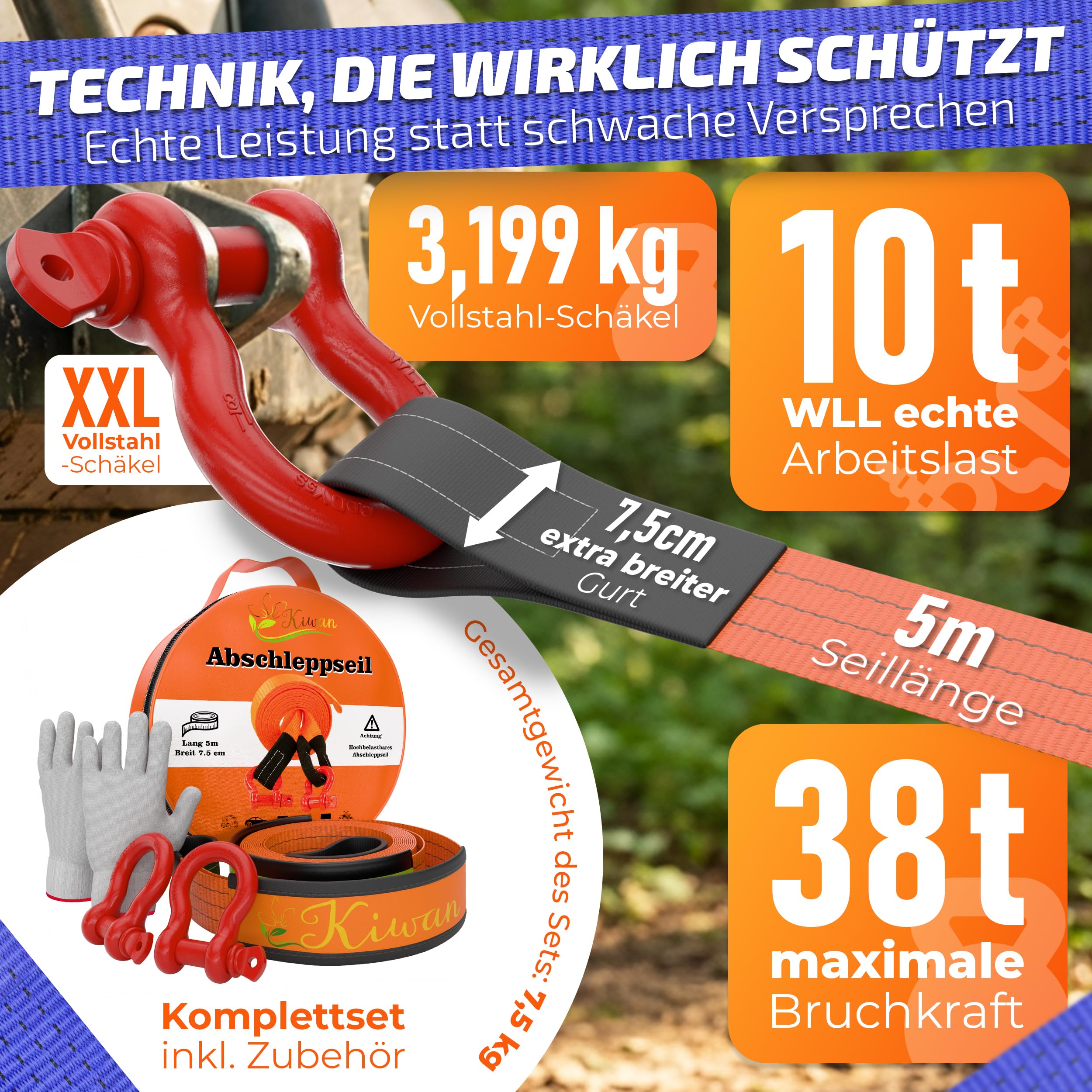 Kiwan Pro Fune di traino WLL 10 t, massima sicurezza invece di carichi di rottura, carico di rottura 38 t, portata testata, grilletto XXL, 5 m x 7,5 cm, cinghia di recupero fuoristrada per auto, SUV
