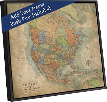 HolyCowCanvas North America Map on Canvas in Vintage Earth Tones, Travel Map with Pins to Mark Travel, North America Pin Board 30" x 30", Floating Frame