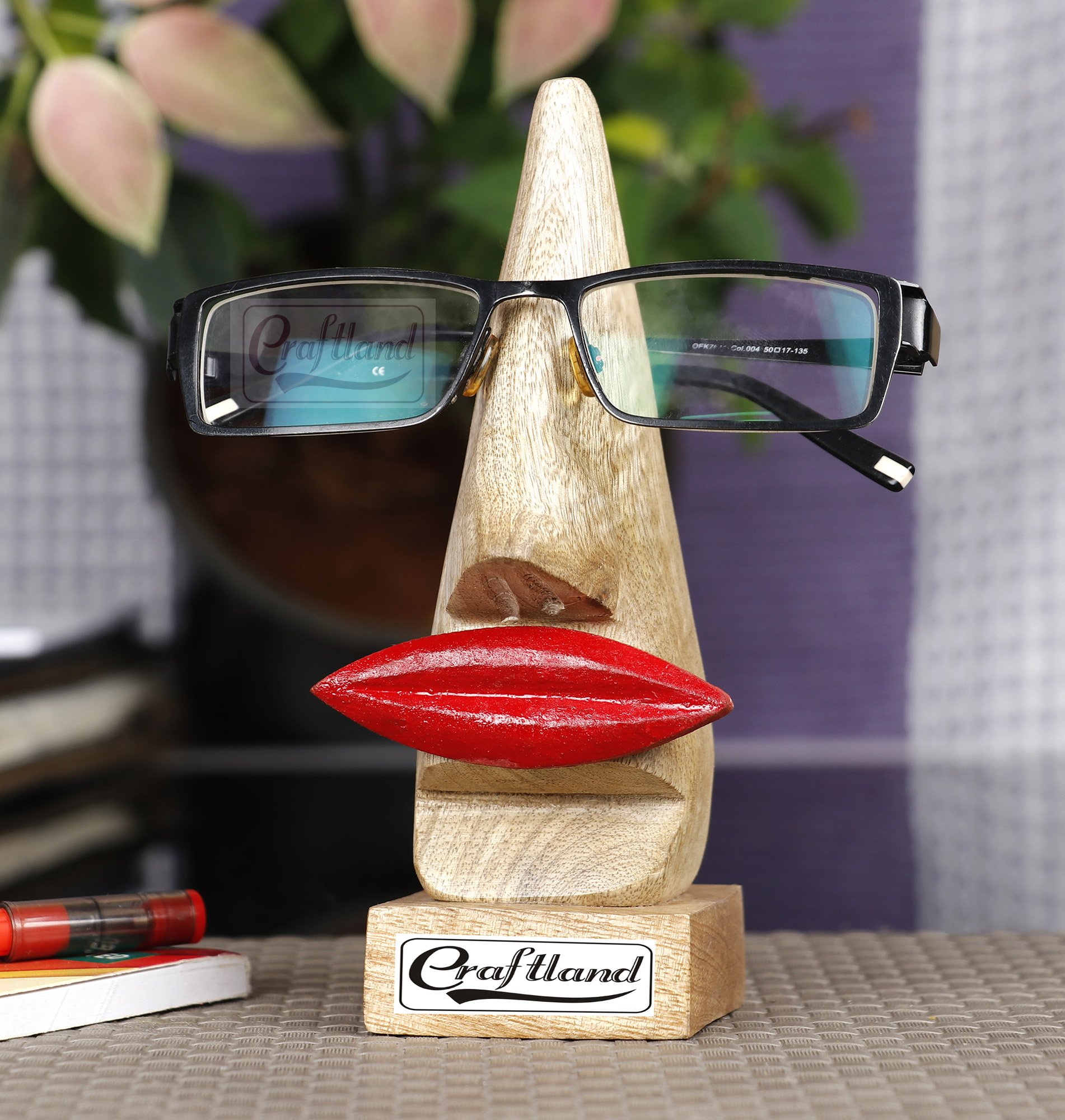 Craftland Wooden Handcrafted Nose Shaped Spectacles/Goggle/Eyeglass Holder/Stand for Women with red Lips