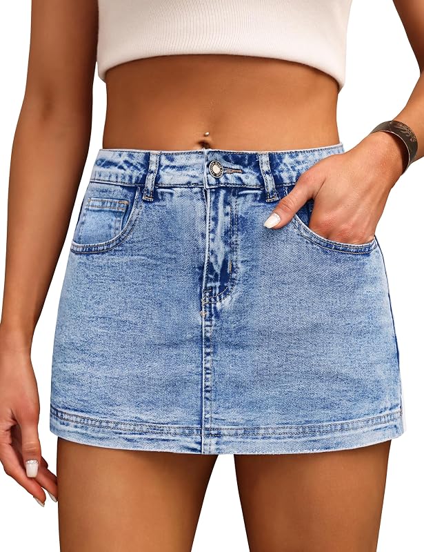 Denim Skort High Waist Denim Skirt Stretch Jean Skirt for Women With Pocket
