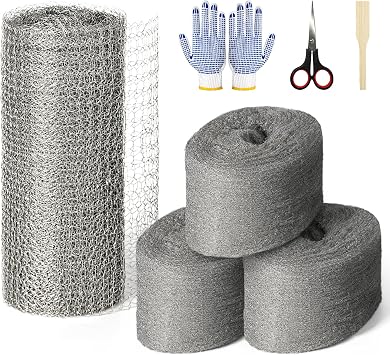 Steel Wool Mice Control, 3 Pack 2.75"*11.5FT Steel Wool & 1 Pack 5"*15FT Steel Mesh, Mouse Traps Fill Fabric DIY Kit, Hardware Cloth Gap Blocker Mouse Rat Rodent Control for Holes, Wall Cracks, Vents