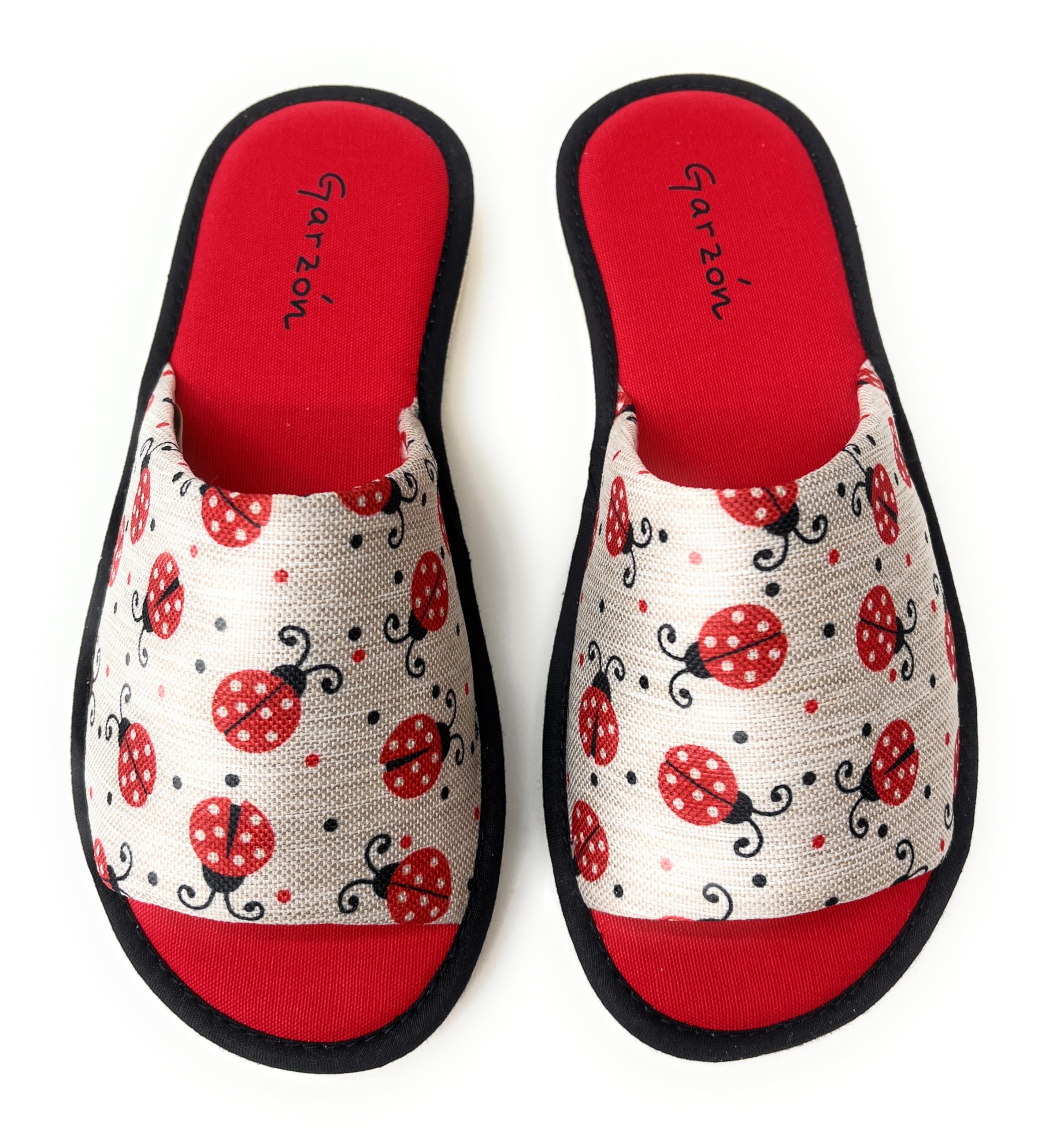 GARZON Garzón.Pantuflas Abiertas para Mujer, Diseño de Mariquitas Rojas,Zapatillas de Casa.Verano.Suela Especial Parquet.