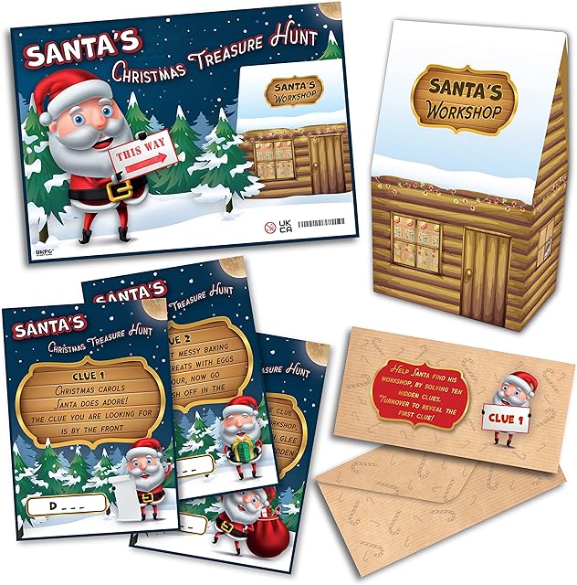 SANTAS CHRISTMAS TREASURE HUNT  Prize, 10 Clues, Play with children, friends and family or use as Christmas eve box fillers, Christmas stocking fillers, Christmas Family Game, Christmas Chocolates