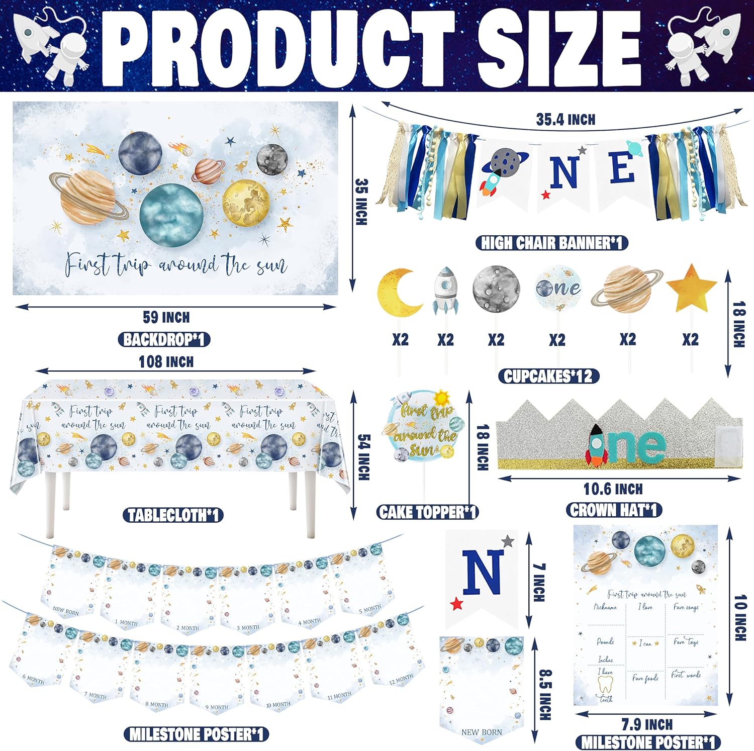 First Trip Around The Sun Birthday Party Decorations for boy 1st Birthday Supplies First Trip Around The Sun Backdrop Balloons Garland Monthly Photo Banner Space Theme Party Decor - Image 2