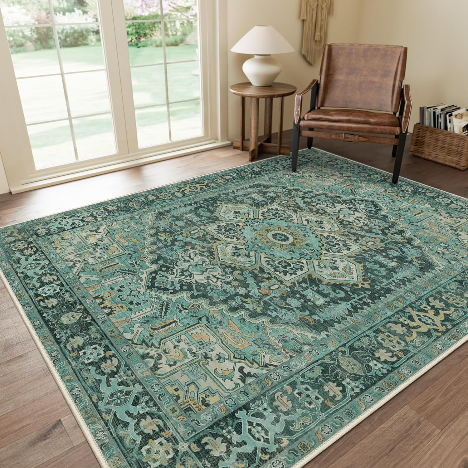 GENIMO Machine Washable 9x12 Area Rugs for Living Room, Non Slip Vintage Rugs, Low Pile Lightweight Chenille Print Rug for Bedroom, Dining Room, Home Office, Turquoise Turquoise 9' x 12' (Rectangular) SIMILAR NOT THE EXACT ITEM