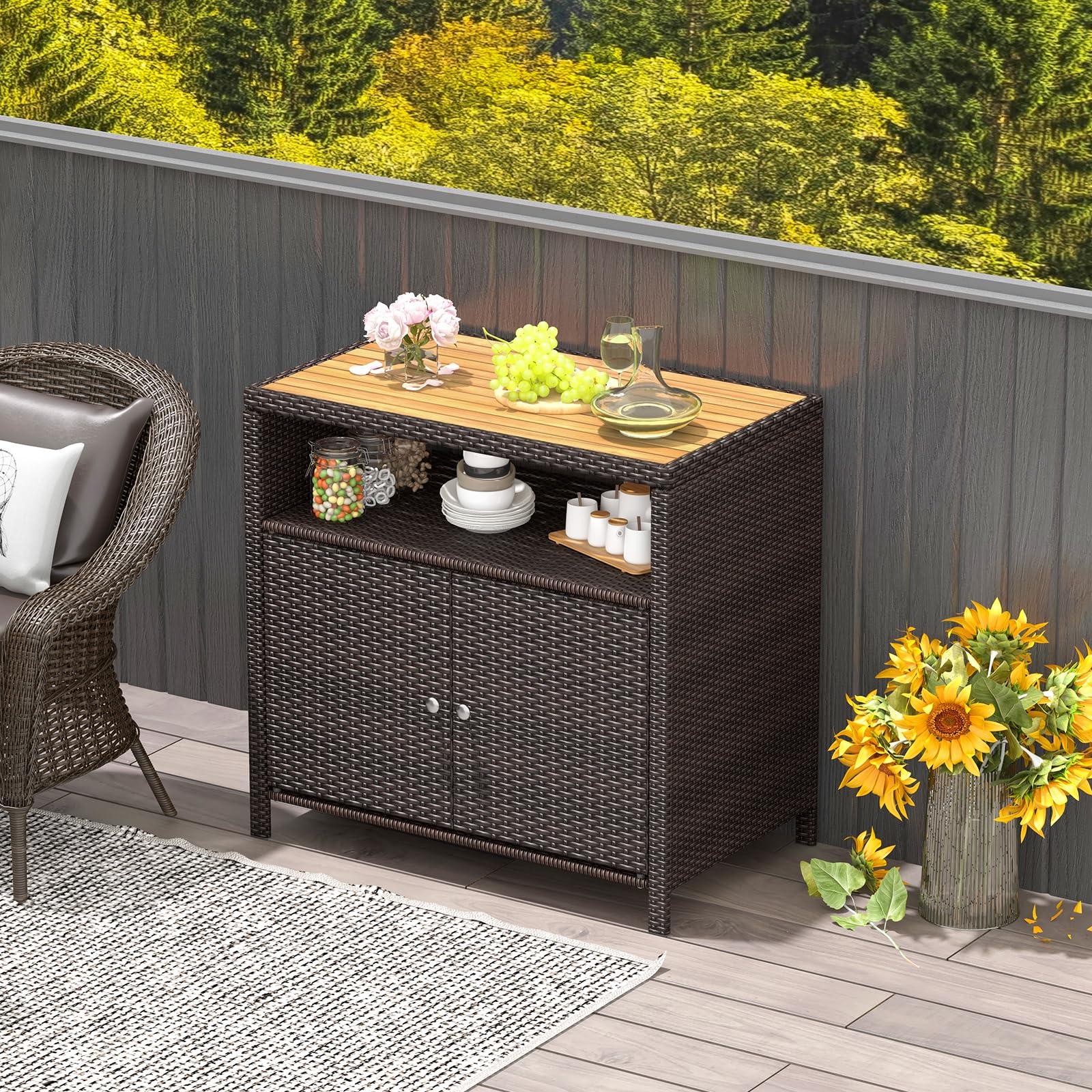 KOMFOTTEU Armadio da Esterno Impermeabile in Rattan 90x53x86 cm Marrone