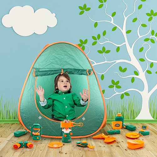 Miniatura 2 de PicassoTiles PTC20 - Juego de 20 herramientas de equipo de campamento de aventura que incluye walkie talkie, tienda de campaña, binoculares, reloj,