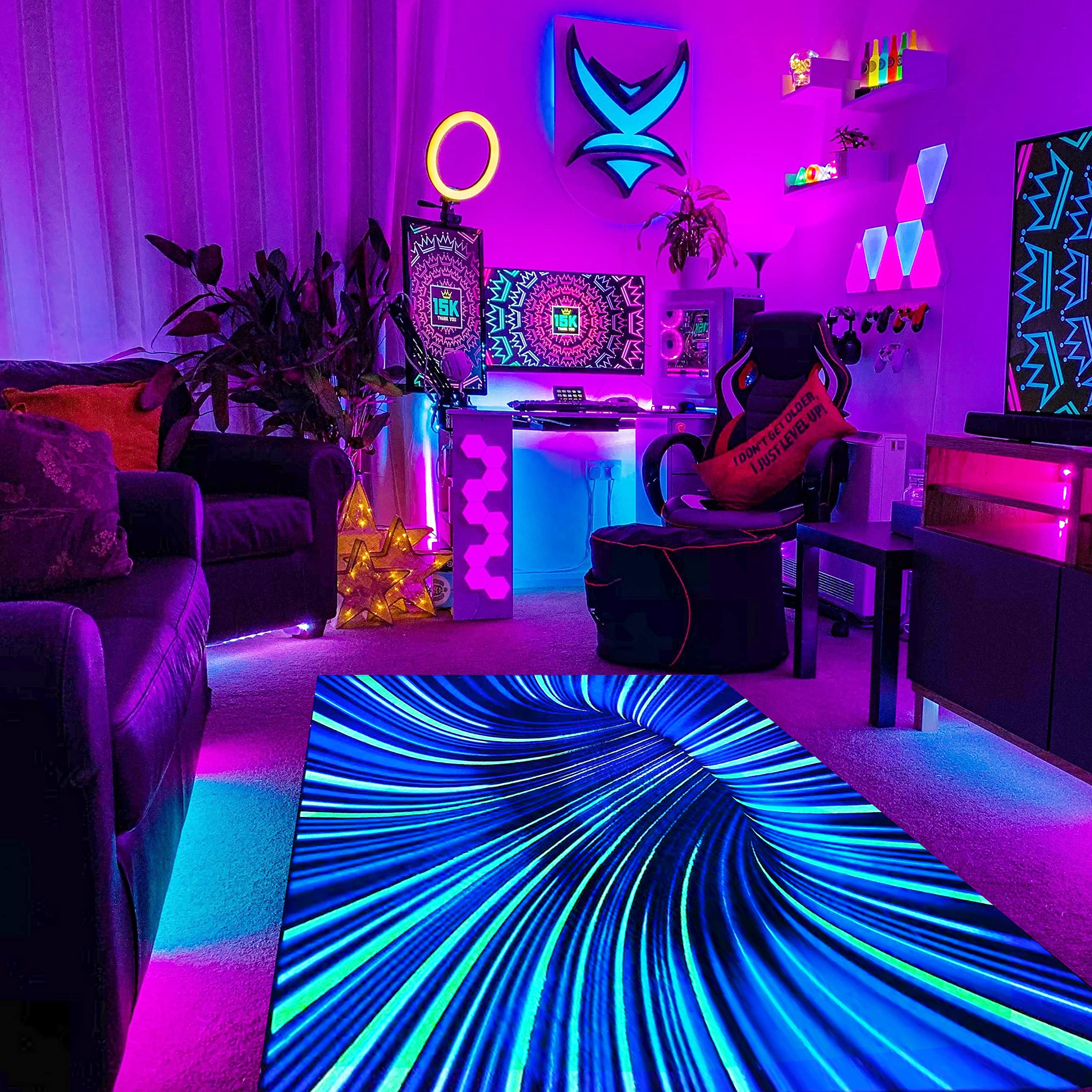 Alfombra de área de ilusión óptica, luz negra, gran alfombra antideslizante con vórtice 3D reactiva a los rayos UV, adecuada para sala de estar, dormitorio, alfombra decorativa de 60 x 50 x 0.39