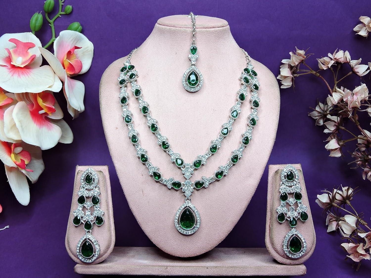 Parshwa Creation Indian Silver Jewelry Set Rhodium-Plated Green Resin Beads, Rhinestone Necklace, Earrings, Maang Tikka - Bridal & Wedding Jewelry Set For Women, Prom & Wedding Guest Accessories