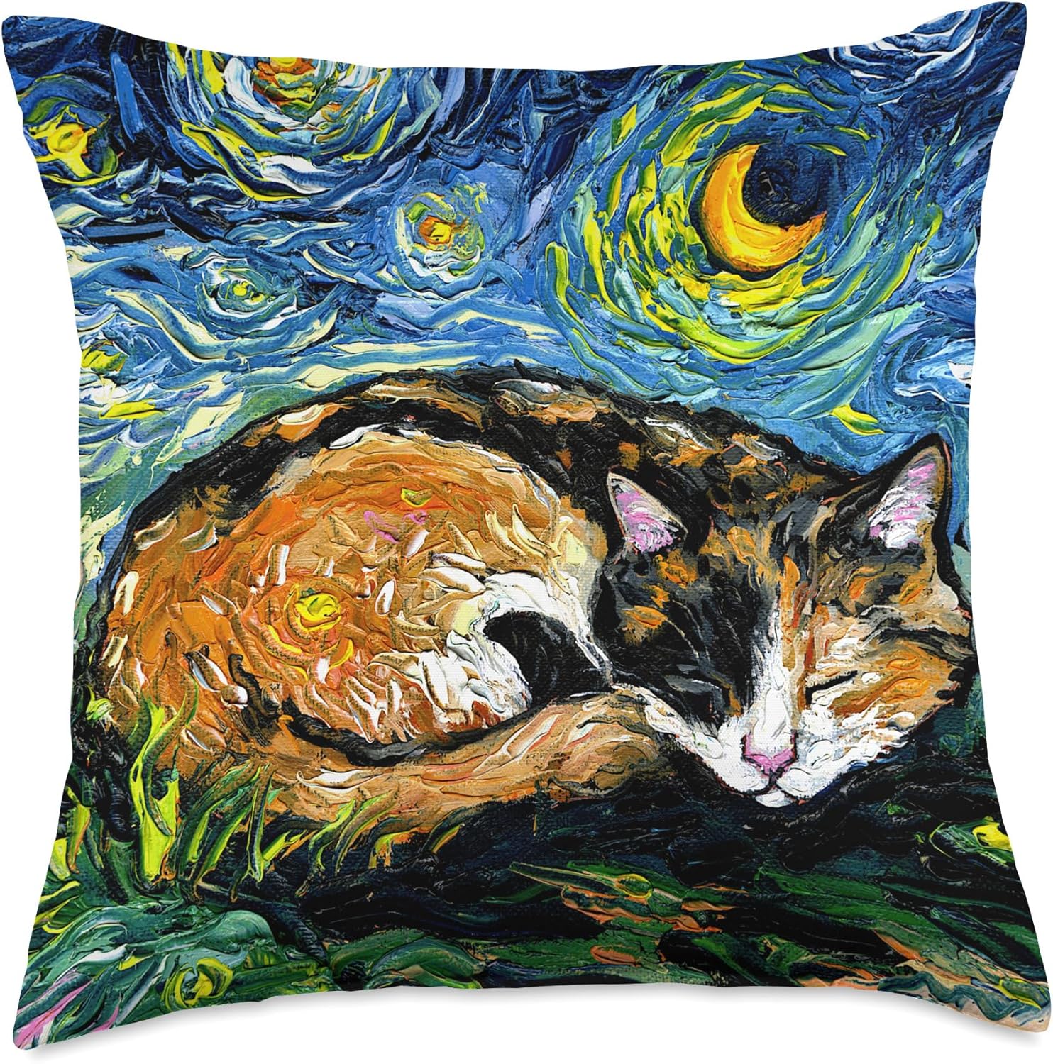 Sleeping Calico Cat Starry Night Animal Lover Pet Artwork Throw Pillow