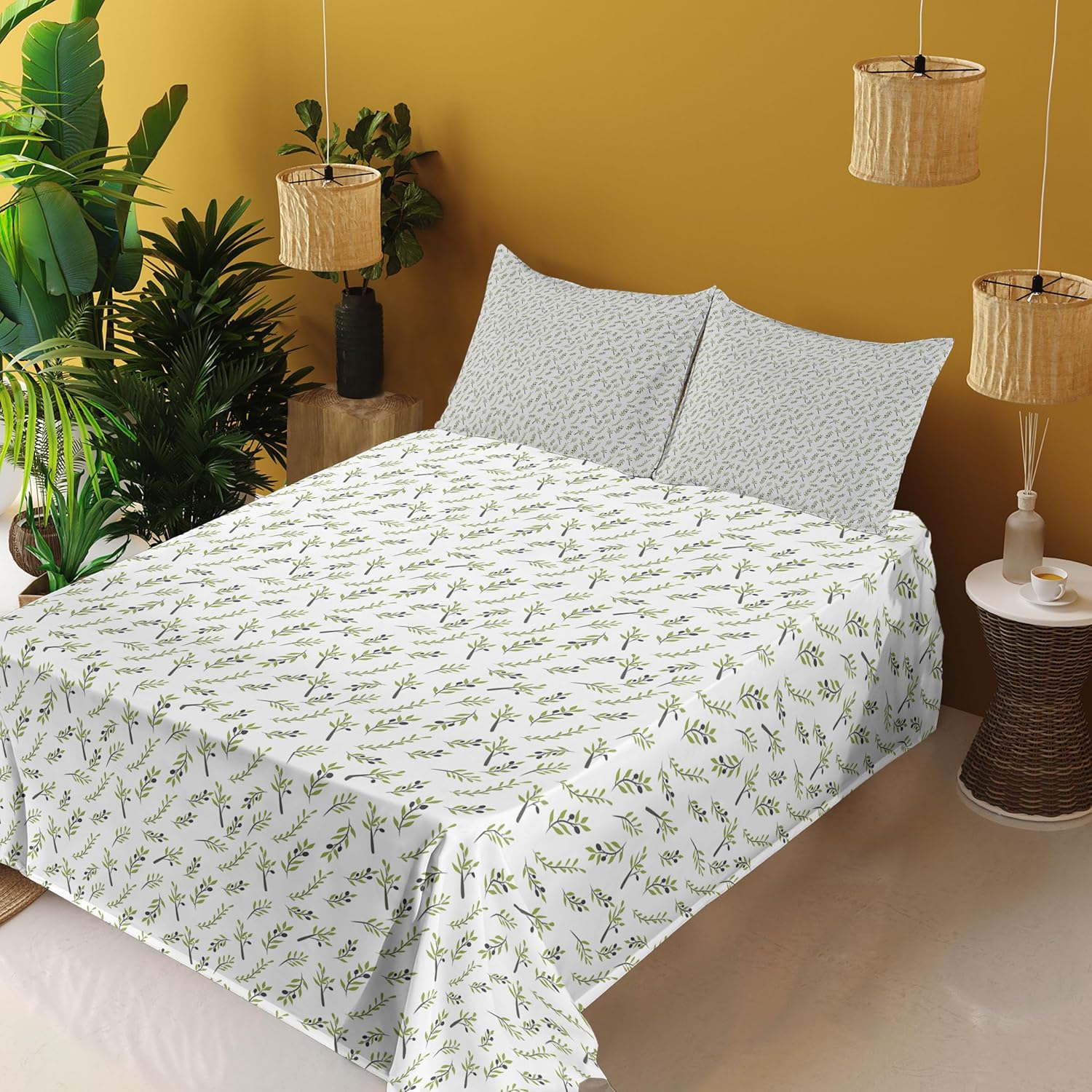 Ambesonne Botany Sheet Set, Simplistic Continuous Olive Branch Pattern, Fitted and Flat Sheet with Pillowcases Bedding Accent 4 Piece Set, Queen, White Pastel Green