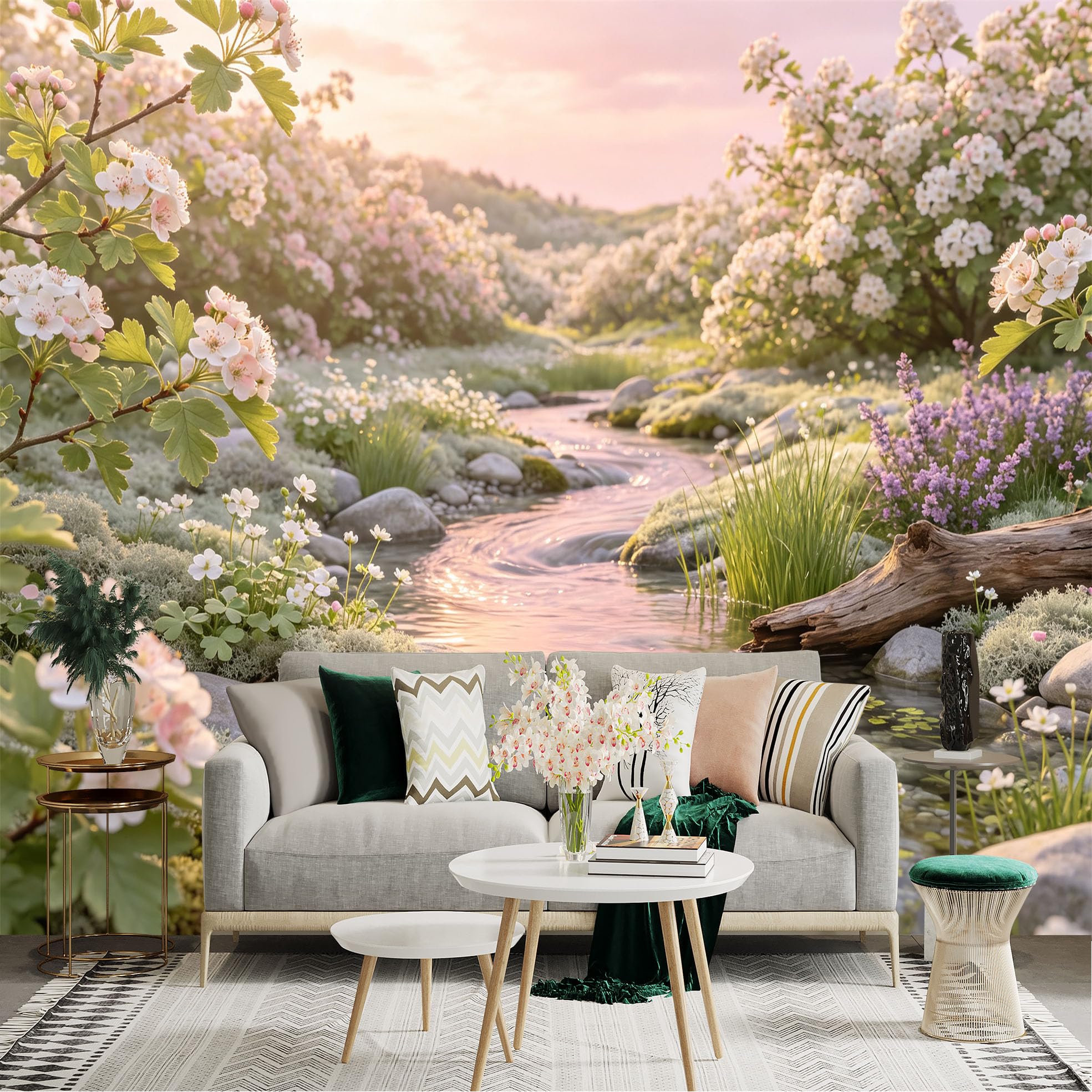 Lnzczhyre Bh260719047 Custom Size Wall Sticker Mural， Serene Spring Creek， Blooming Flowers， Mossy Rocks， Sunlit Water Reflection， For Wall Decoration， Peelandstick Wall Decals.