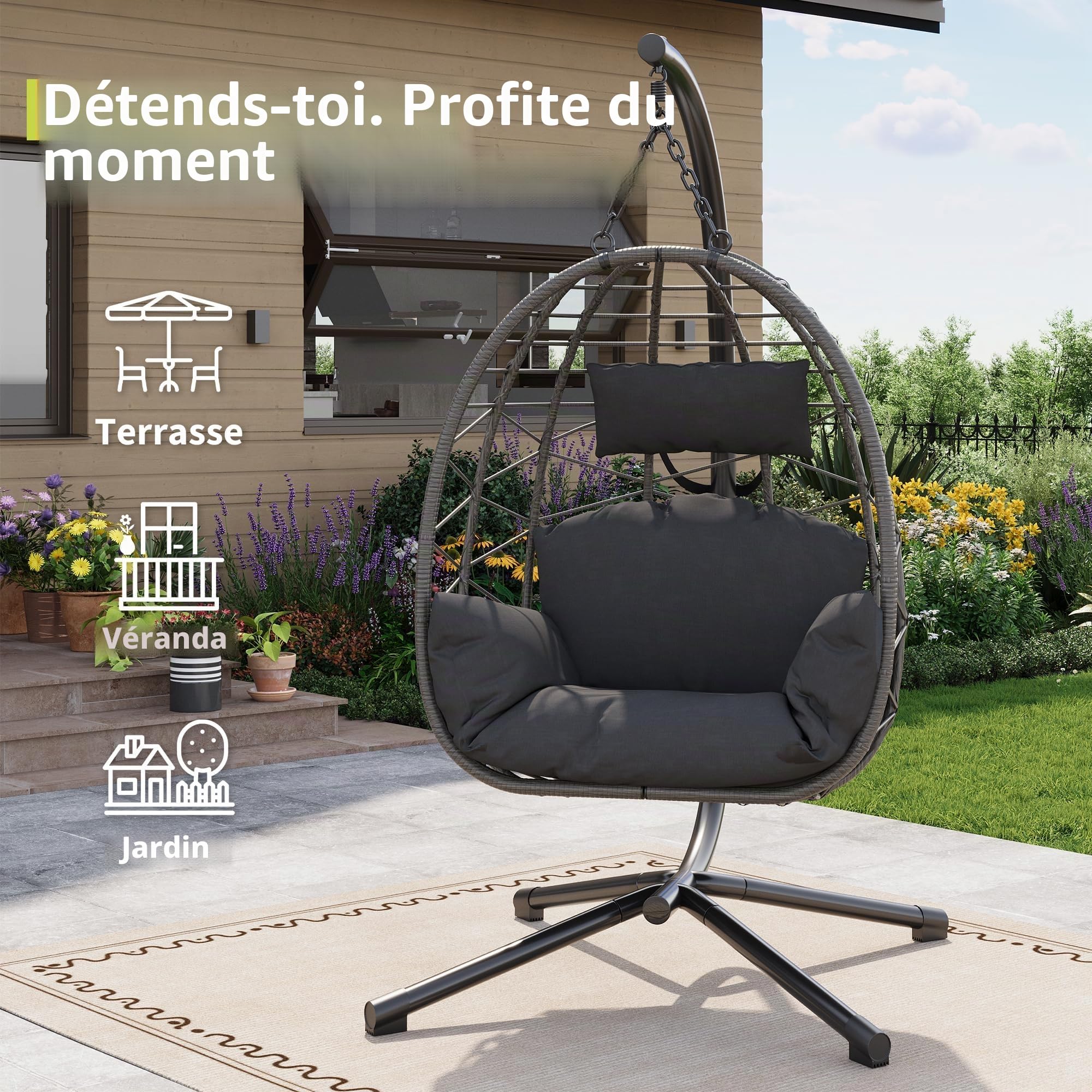 Fauteuil Suspendu œuf en rotin avec Support – Cadre Acier Robuste, Coussins lavables, Housse imperméable Incluse – Ergonomique, Appui-tête – Capacité 150 kg – pour intérieur/extensionérieur