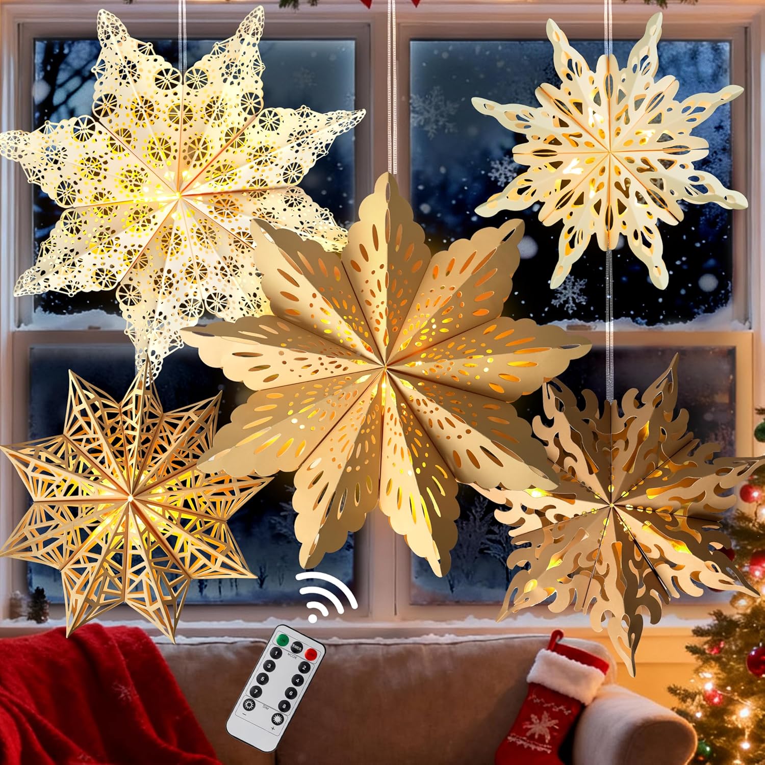 5pcs christmas paper snowflake lanterns, large christmas paper star lanterns with led lights white beige khaki hanging snowflake lamps for xmas winter frozen wedding birthday holiday party decorations 5pcs yellow white