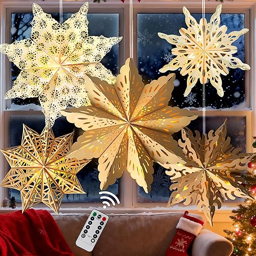 5Pcs Christmas Paper Snowflake Lanterns, Large Christmas Paper Star Lanterns