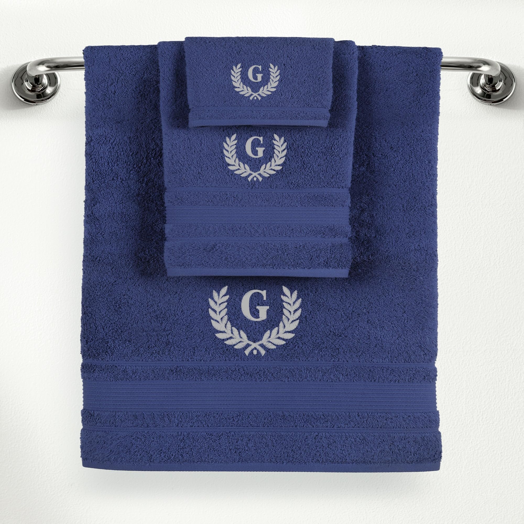 Personalized Custom Monogrammed Navy Blue Towel Set - 3 Piece, Soft & Absorbent 100% Cotton - Perfect for Gifts, Home, Bathroom, Spa, or Kitchen -