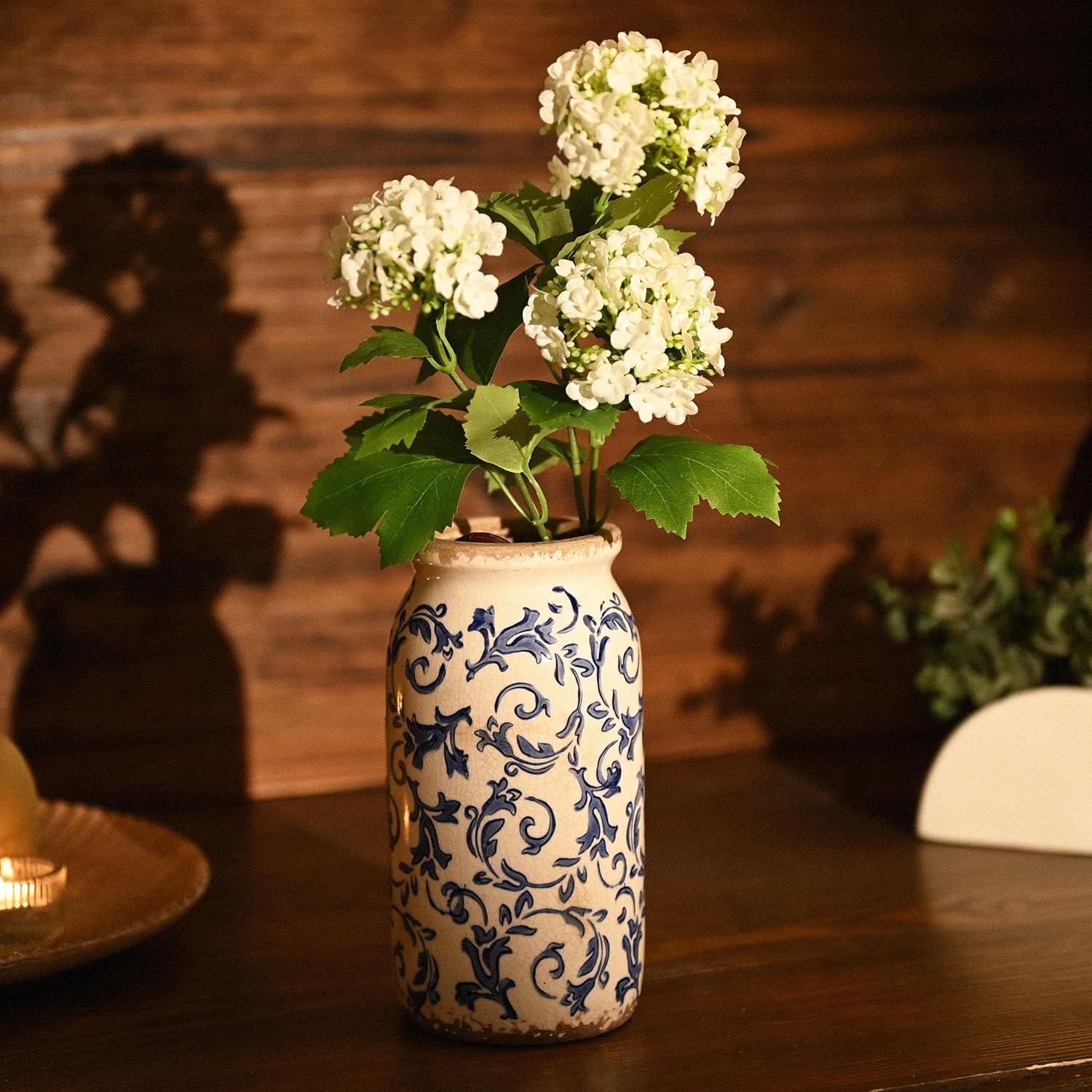 VICTOR & TERESA Rustic Blue and White Vase for Home Decor, Ceramic Vases for Flowers, Modern Farmhouse Decorative Vases for Pampas Grass,Table, Mantel, Living Room,Bookshelf, Centerpieces, 8'' - Image 2