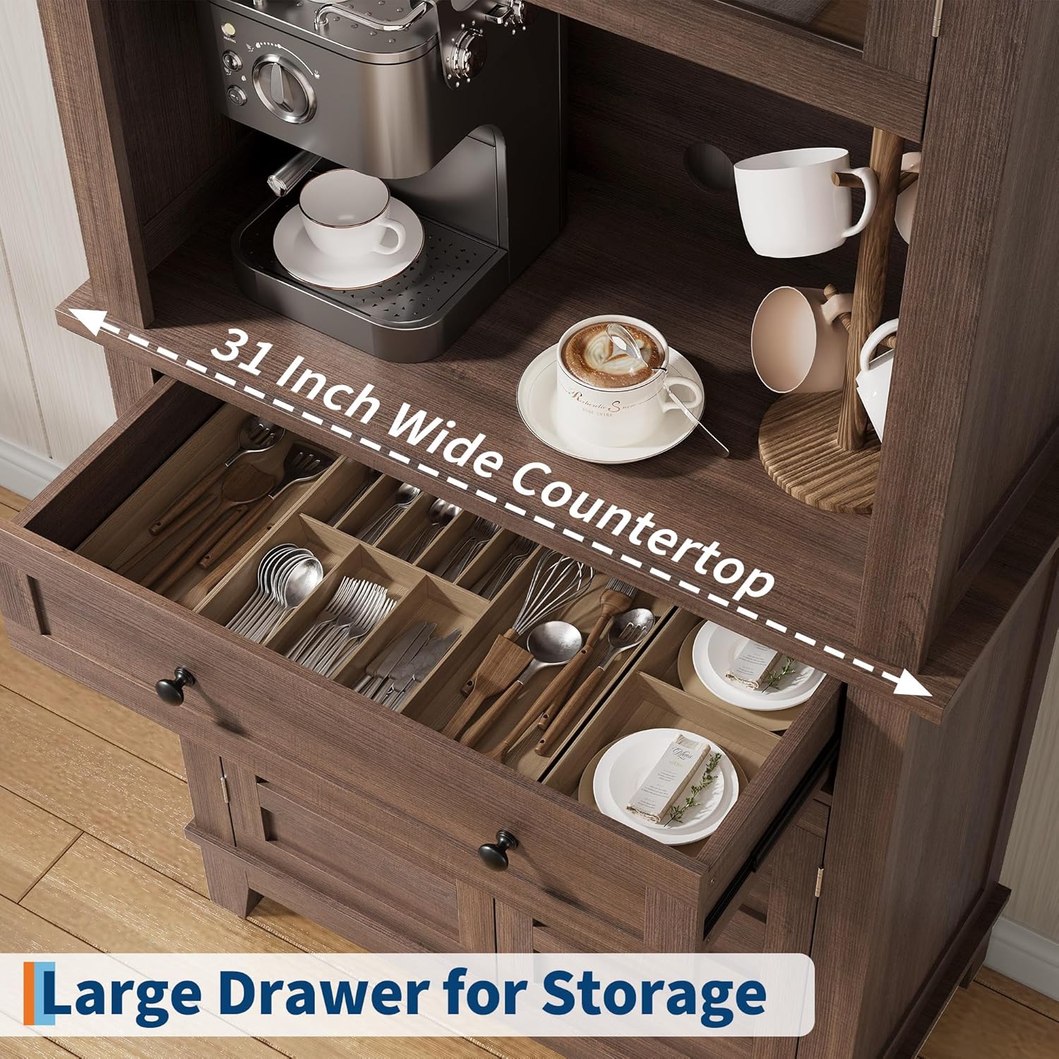 GarveeHome 72 in Tall Kitchen Pantry Cabinet, Kitchen Hutch Bar Cabinet with Microwave Stand, Cupboard with Drawers & 2 Glass Doors for Dining Room, Living Room, Kitchen, Dark Brown