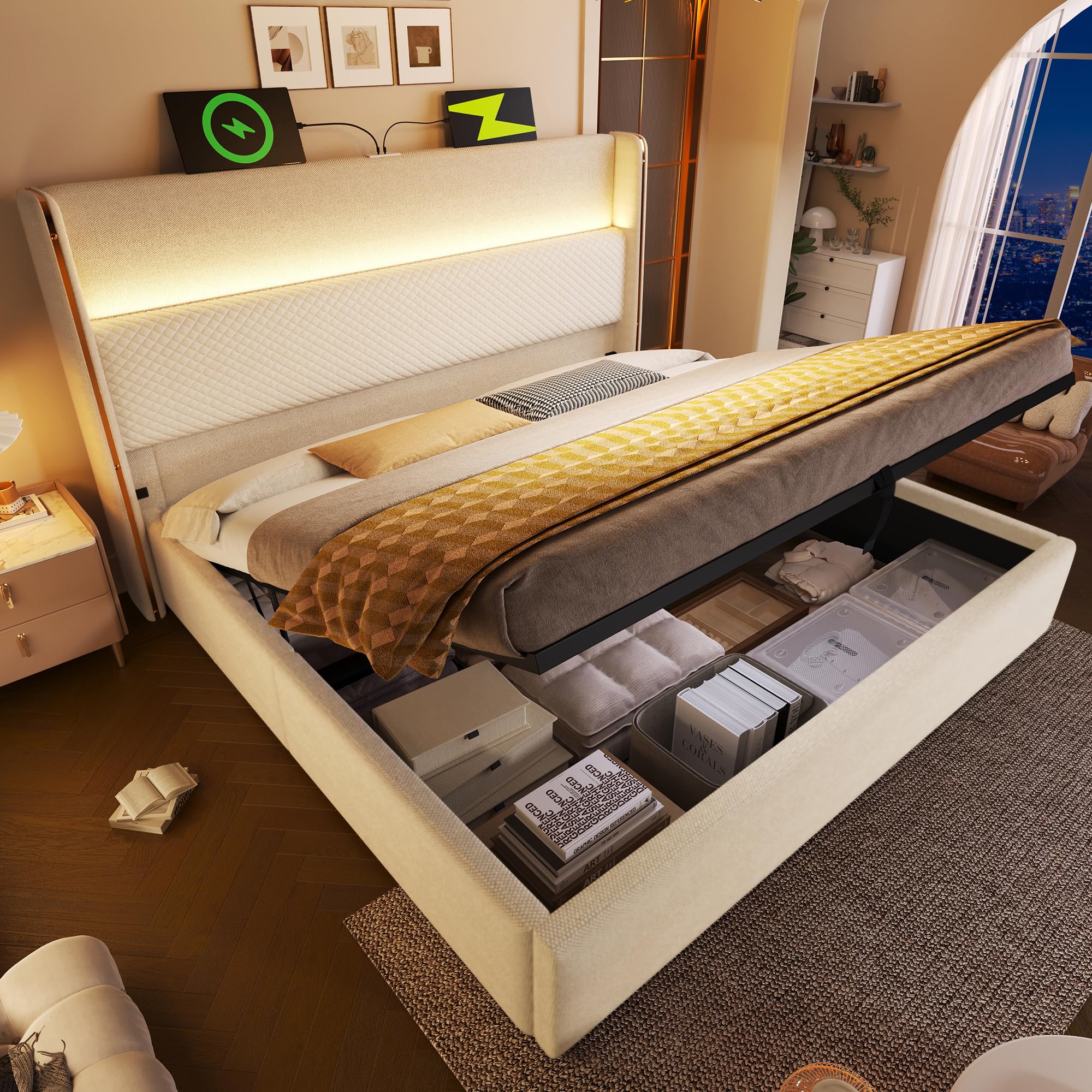 Cama Tapizada 180x200 Cama Canapé Cabecero Alto con Superficie de Lino Cama Doble Marco Encastrado Alrededor del Colchón Tapizado de Lino Cabecero Acolchado Dormitorio Beige