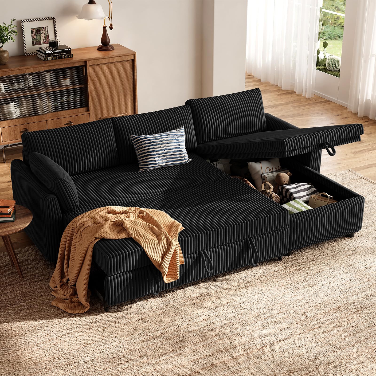 HOMRELEXA Ecksofa mit Schlaffunktion, Cord-Bezug Schlafcouch in L-Form, Schlafsofa Ausziehbar, Ausziehbares Sofa mit Stauraum, Umkehrbare Chaiselongue (Links & rechts), Ideal fürs Wohnzimmer