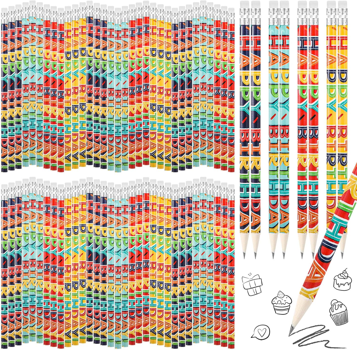 Kosiz 400 Pcs Happy Birthday Pencils for Students Colorful Printed Birthday Pencils Bulk with Top Erasers Wood Writing Instruments for Teachers Classroom Reward Party Kids Gifts Supplies