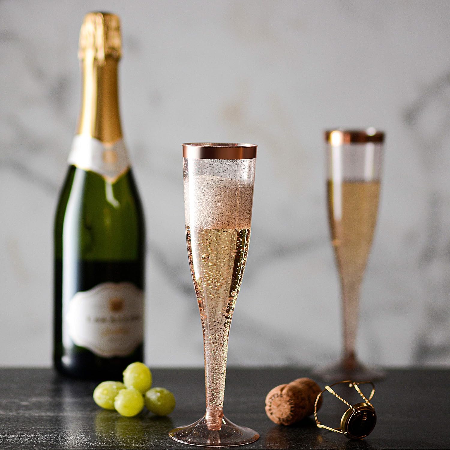 Rose Gold Plastic Champagne Flutes Disposable - Rose Gold Glitter with a Rose Gold Rim - [1 Box of 36 ] 6.5 Oz - Elegant Stylish Mimosa Glasses Perfect for Weddings Bachelorette Party, Events
