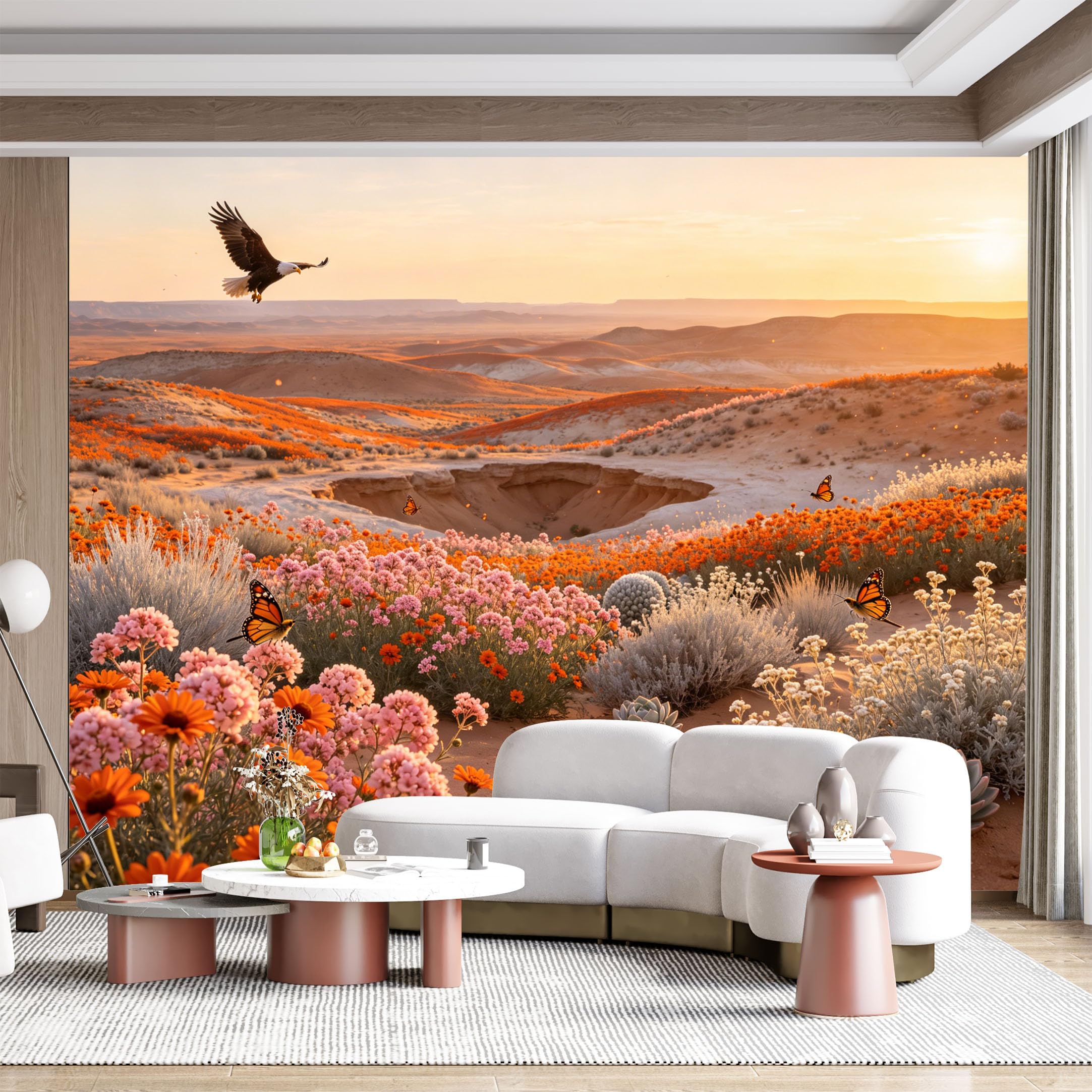 Custom Size Wall Mural Desert Landscape Sunset Eagle Butterflies Floral Botanical SelfAdhesive Wall Fabric Removable for Home Office Decor