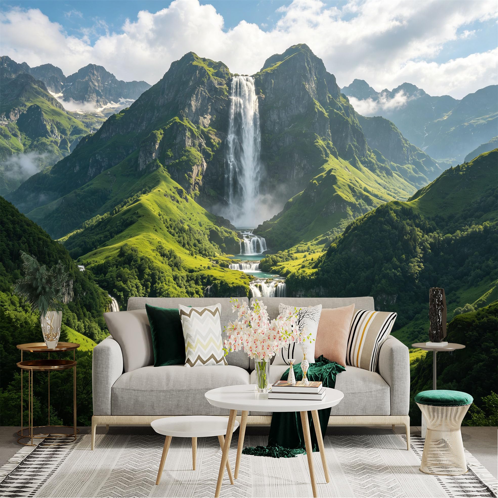 Custom Size Wall Sticker Mural， Majestic Waterfall in Green Mountains， Serene Alpine Lake Scenery， for wall Decoration， peelandstick wall Decals.