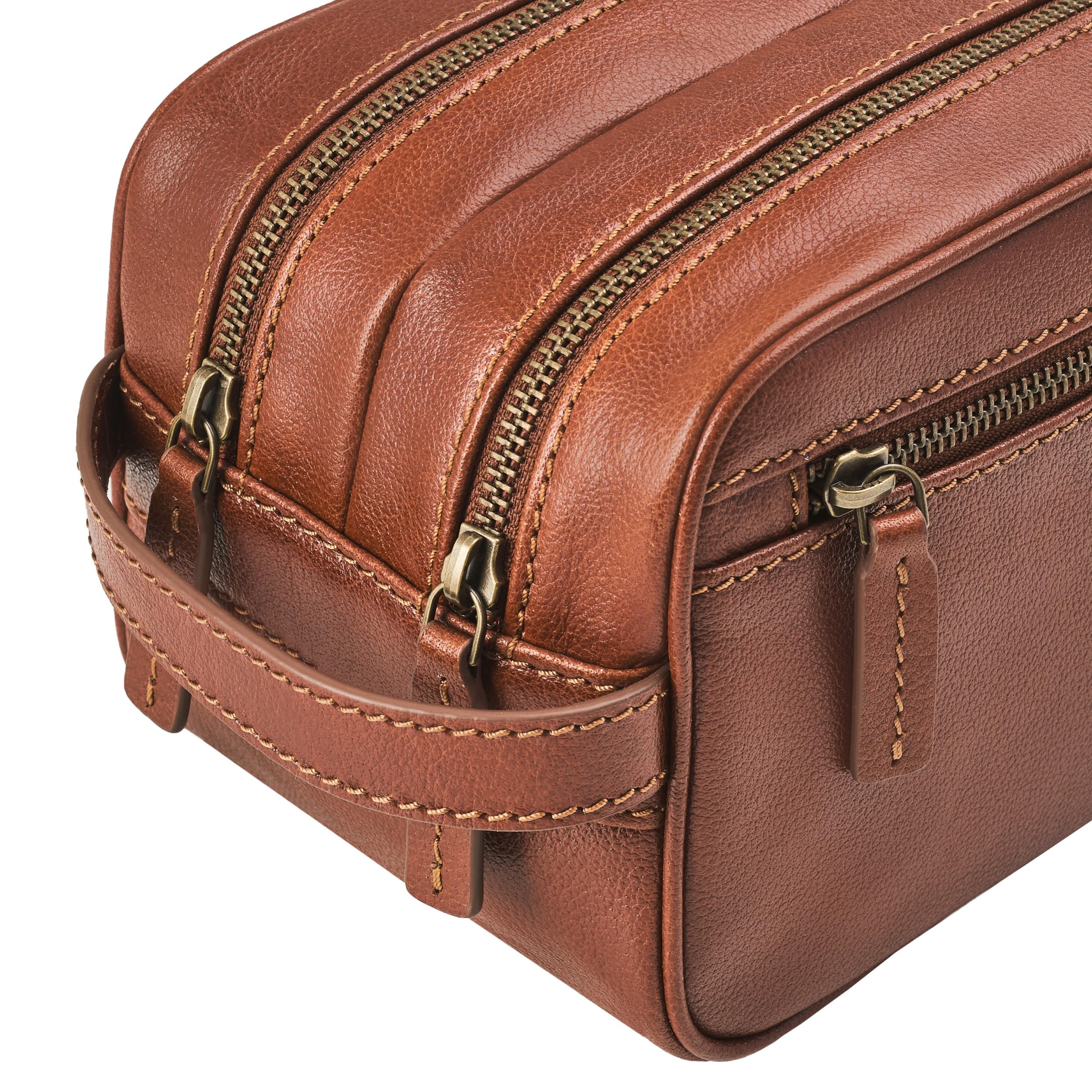 DRAKENSBERG Beauty case in pelle 'Enrico', marrone castagno, 5L, 2 scomparti con cerniera, trousse da uomo