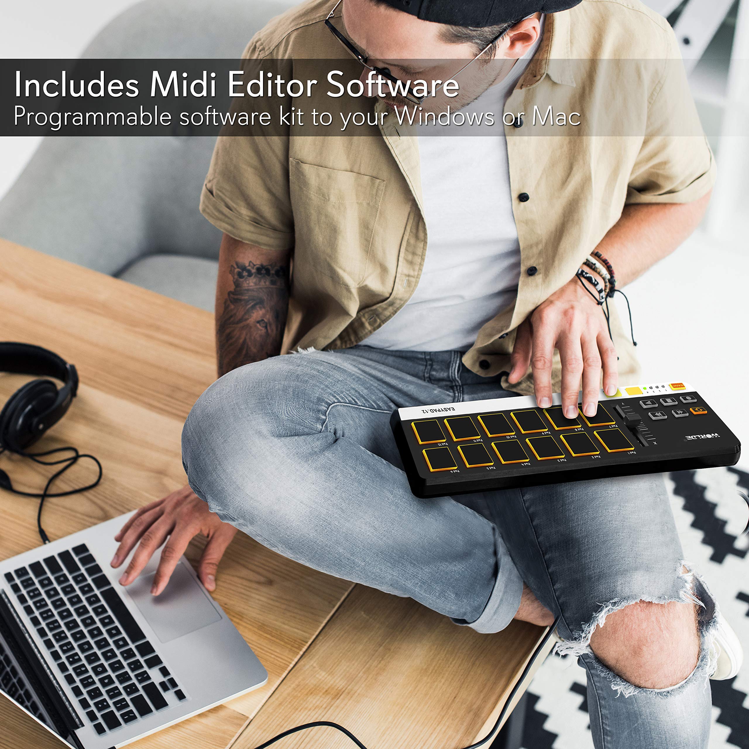 USB MIDI Controller Drum Pad - Mini Portable Beat Maker Workstation Equipment w/ 12 Drum Pads, DJ Fader Slider & Transport Buttons - Control any DAW Software Kit for Laptop Recording - Pyle PMIDIPD20 - Image 5