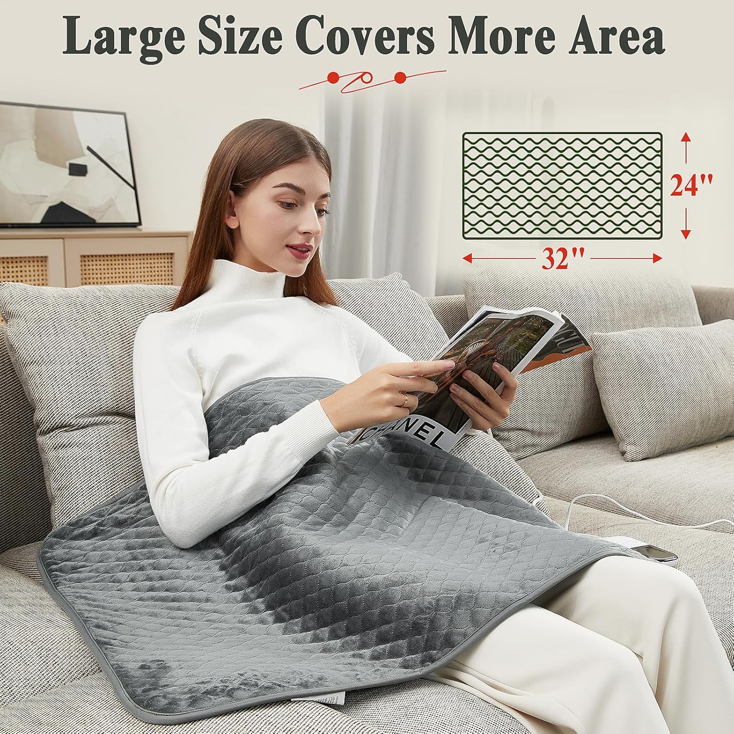 32"x24" Extra Large Heating Pad for Back&Cramps Relief, XL Electric Heating Pads for Neck Shoulder Pain Relief Heat Pad Upgraded 6 Heat Settings, 4 Timer Options Auto Shut-Off Machine Washable Gray