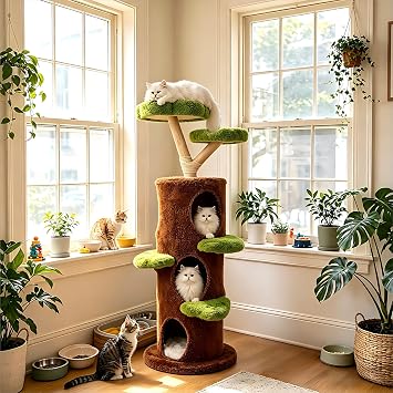 Modern Cat Tree Tower 58Inch Tall Cat Tree for Large Cats with Multi Condos - Indoor Wood Cat Tree House Sturdy with Scratching Post