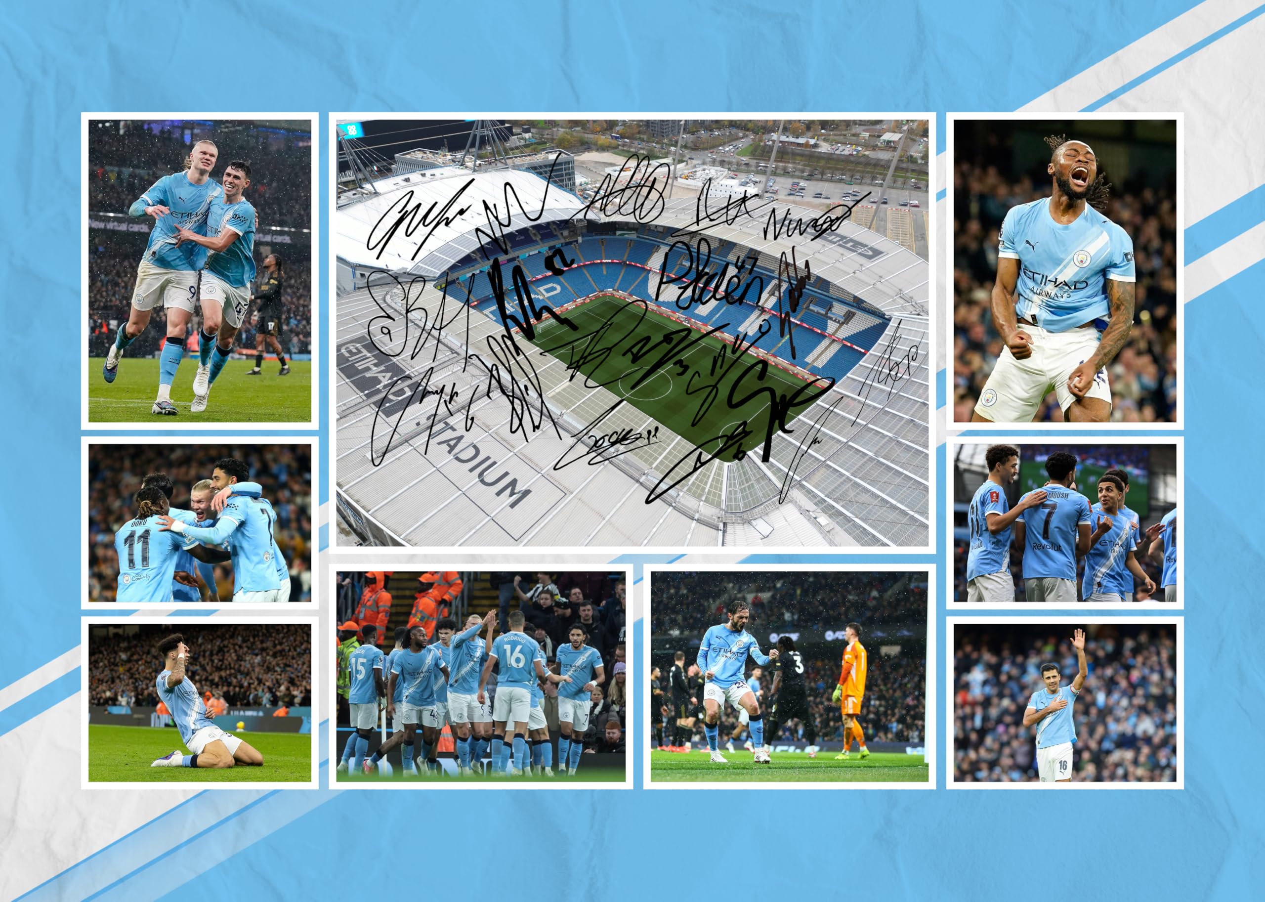 RJR PRINTS Manchester City Team Football Players Multi Signed A4 Montage Photo Print Which Would Make A Great Gift For Any Fan.