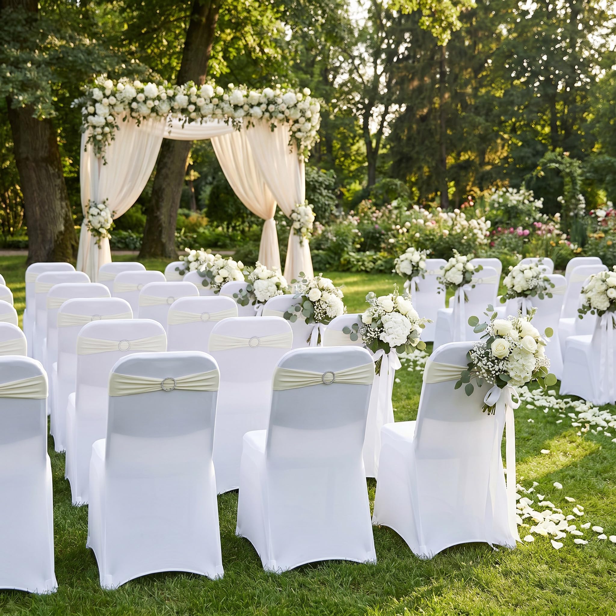 UISEBRT 100 Stück Elastische Stuhlschleifen mit Strass-Schnalle,Stuhl Bänder Spandex-Stuhlschärpe mit Diamant-Ring,Dehnbare Stuhlschleife für Hochzeit, Geburtstag, Party, Dekoration,Elfenbein