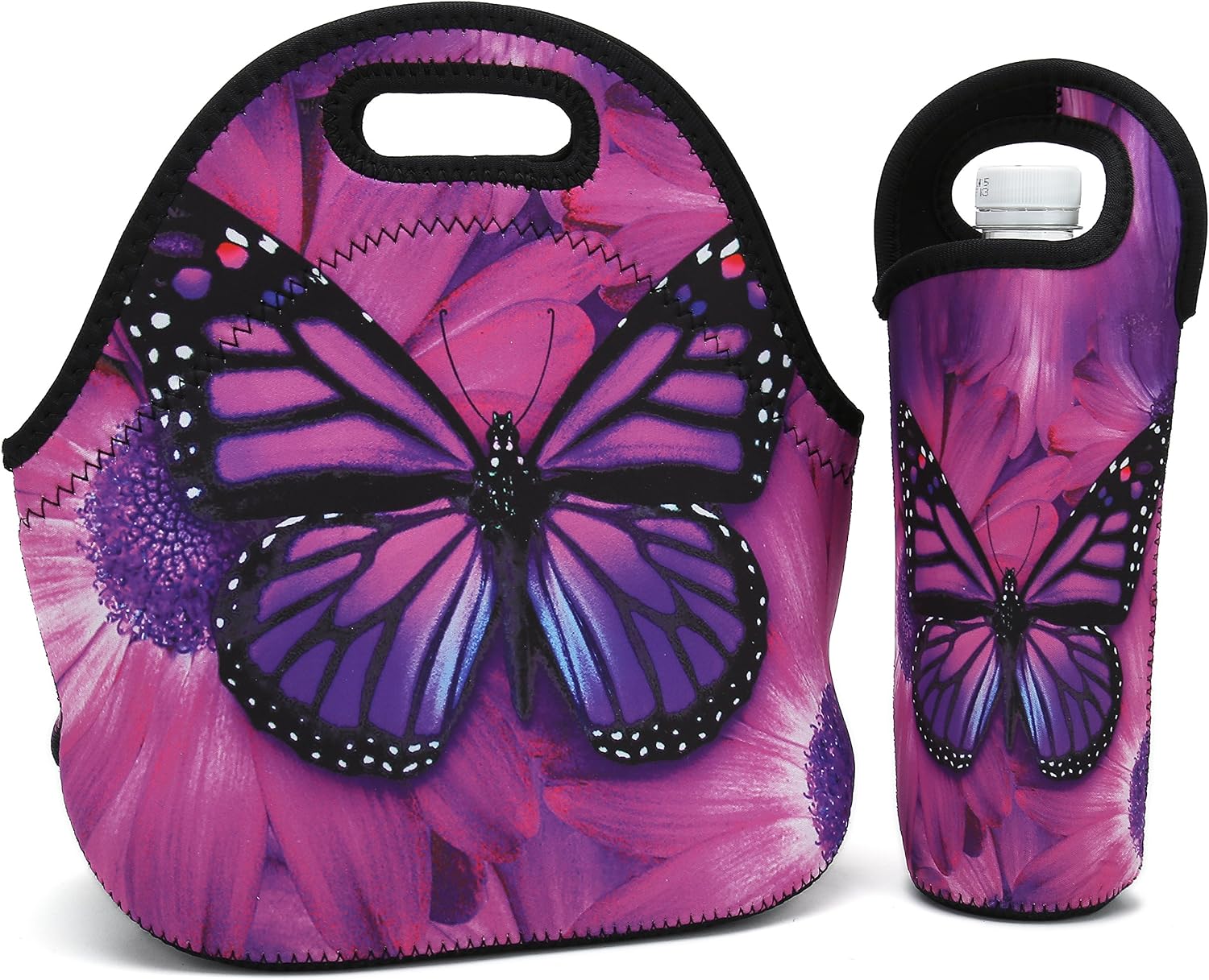 Neoprene Lunch Bag,Thick insulated Lunch Box Bag For Women,Men & Kids Includes Water Bottle Carrier For Snacks & Lunch- Lightweight|Rugged Lunchbox |For Travel,Picnic,School,Office (Purple Butterfly)