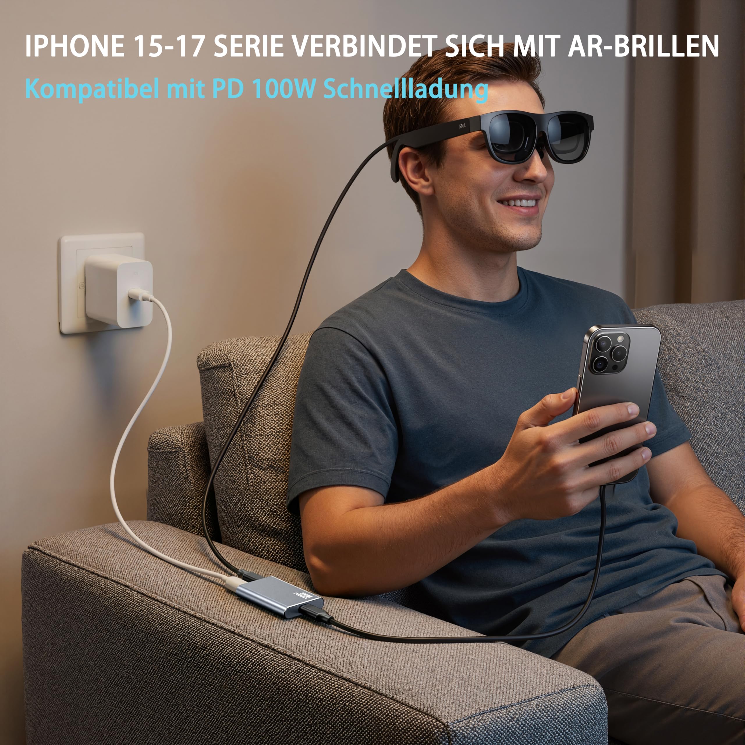 USB-C-auf-AR-Brillenadapter,Power für Xreal/Viture/RayNeo AR-Brillen während des Ladevorgangs für Steam Deck,ROG Ally,Switch 2,DJI RC 2,iPhone 17 oder Android-Phones,kompatibel mit 8K 30Hz/4K 144Hz