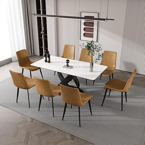 Leavader Juego de mesa de comedor de 9 piezas, juego de 8 mesas de cocina modernas de 71 pulgadas con base de acero al carbono negro, 1 mesa de