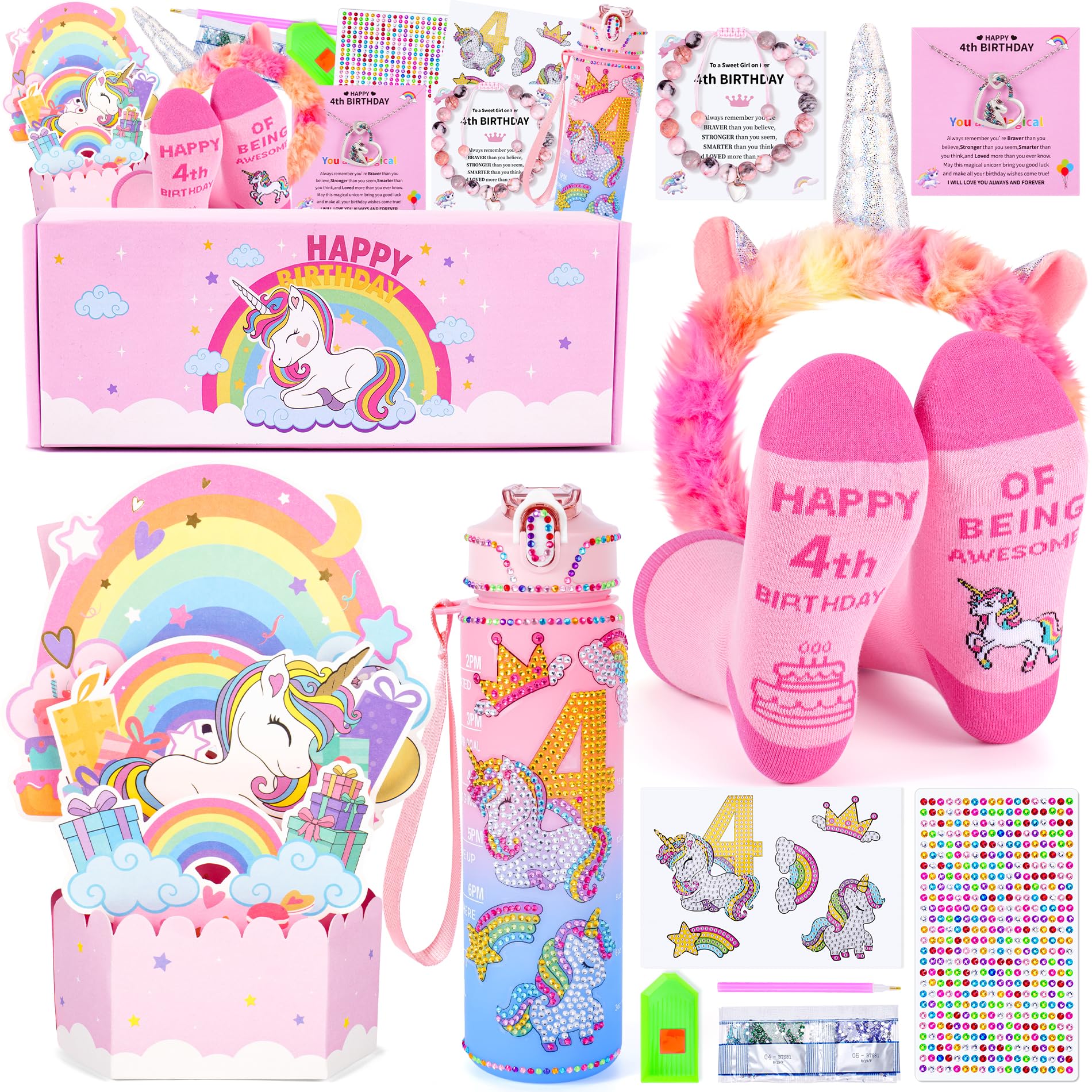 Girls Birthday Present Age 4 Unicorn Gift for Age 4 Unicorn Gifts for Girls Age 4 Daughter Water Bottle Craft Kit Present Bracelet, Necklace, Unicorns Headband for Granddaughter Niece Birthday Gift