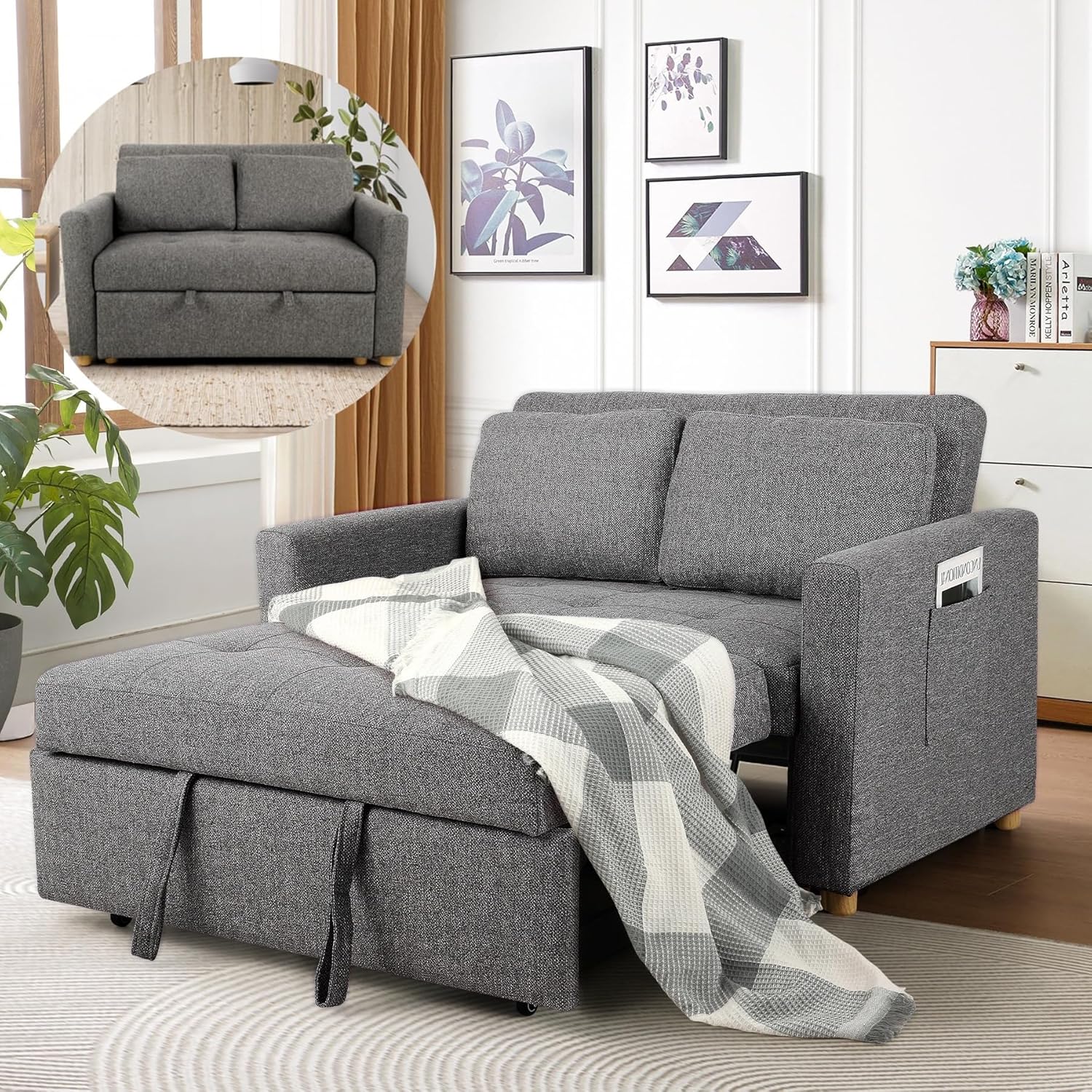 Sleeper Sofa Bed, 3-in-1 Convertible Sofa Chair, Linen Fabric Pull Out Couch Bed, Loveseat Sleeper with Spring Support, Adjustable Backrest, 2 Seater Recliner Chair for Small Space, Dark Grey