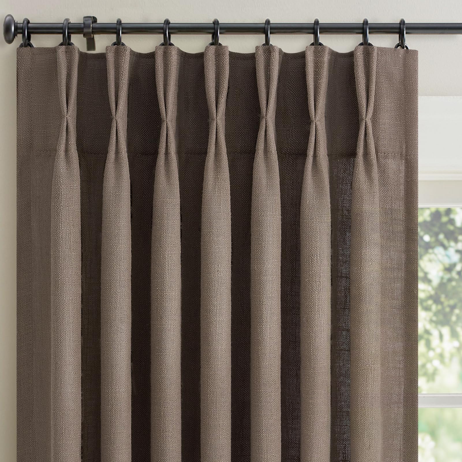 Photo 1 of 105 Inches Long Pinch Pleated Linen Curtains for Living Room 2 Panels Set Neutral Burlap Memory Trained Pleat Drapes Back Tab Light Filtering Boho Ceiling Floor 105 Inch Window Curtains Dark Flax