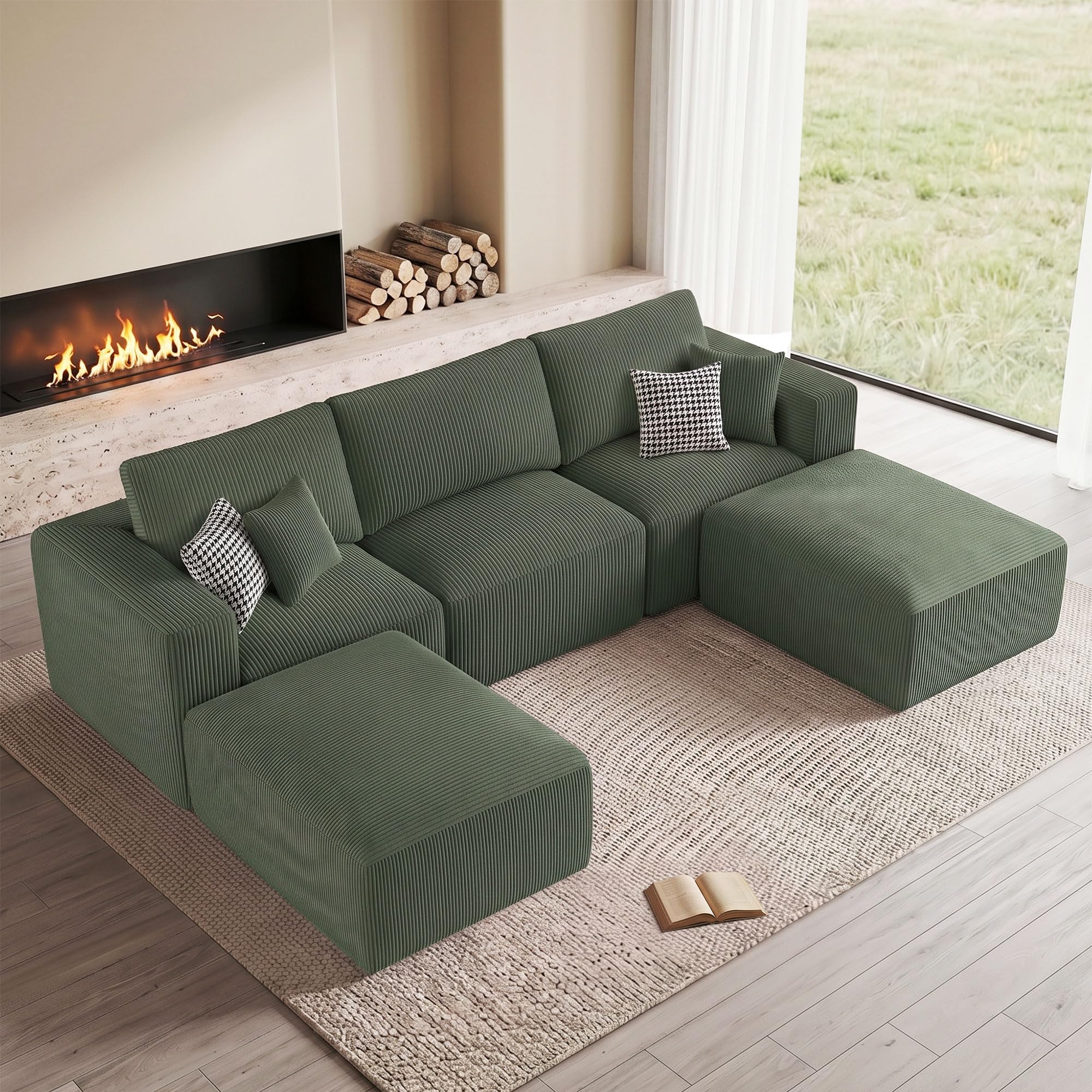 Living&Giving（WALKBON） 115" Modular Sectional Sofa, U Shaped Cloud Boneless Couch Green