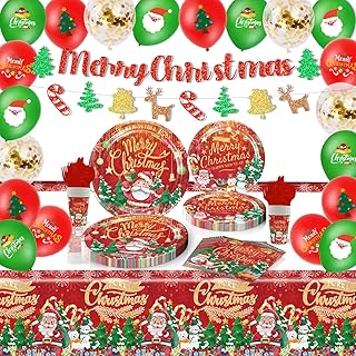 104PCS Christmas Party Tableware Decorations Set HAFTSS Christmas Party Supplies and Plates Decorations Xmas Themed Plates and Napkins Tableware Set for 10 Guests with Table Cover, Banner Decor&More