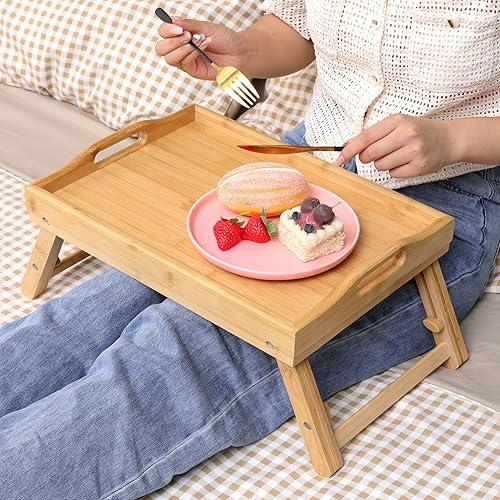 Miniatura 8 de Paquete de 2 bandejas de bambú para cama, bandeja de desayuno con patas ajustables plegables, bandeja de alimentos con asas, bambú entero