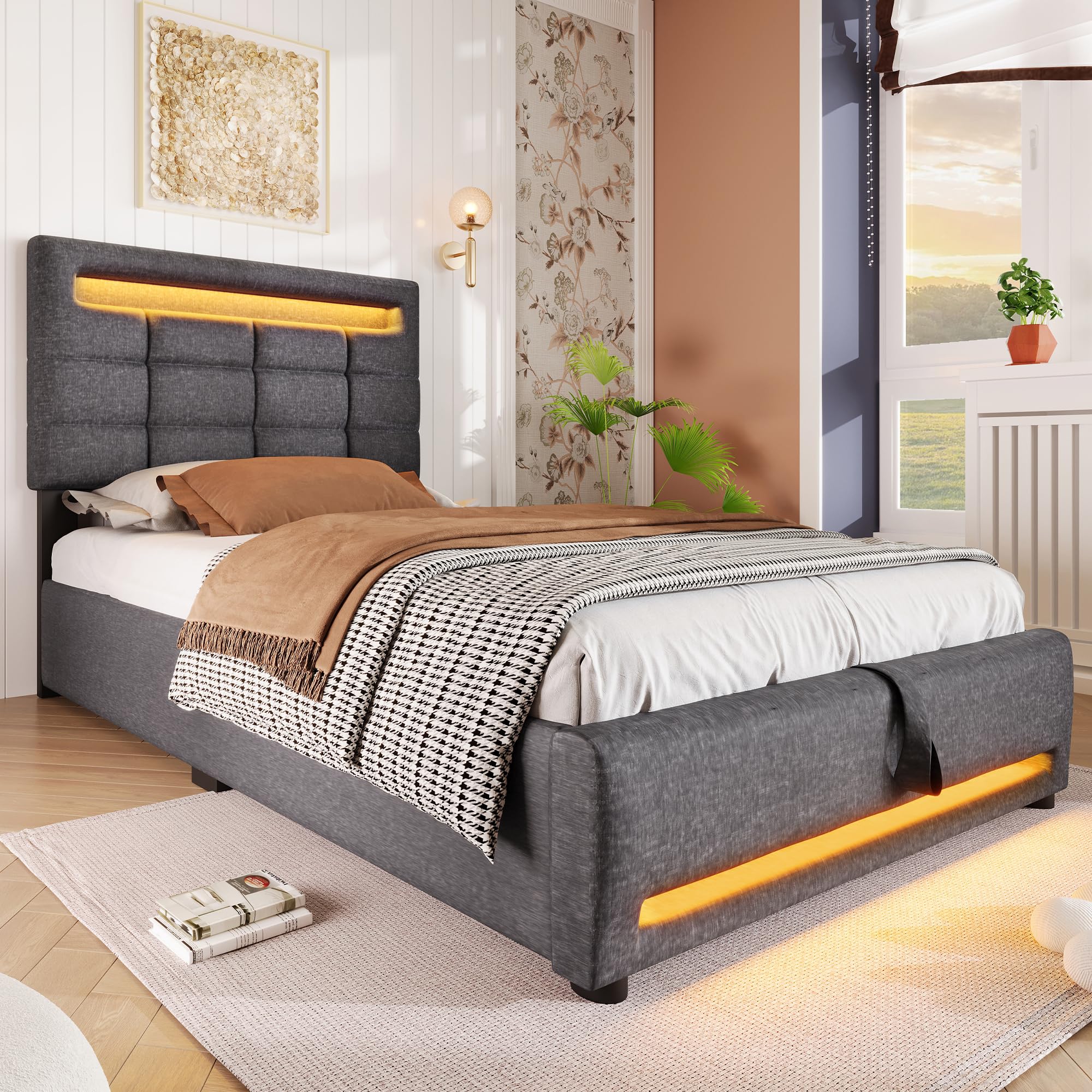 Letto Singolo con Contenitore 90x200 cm con LED e USB, Letto imbottito con Testiera e vano portaoggetti, Letto Contenitore con rete a doghe, Struttura Letto Singolo lino grigio