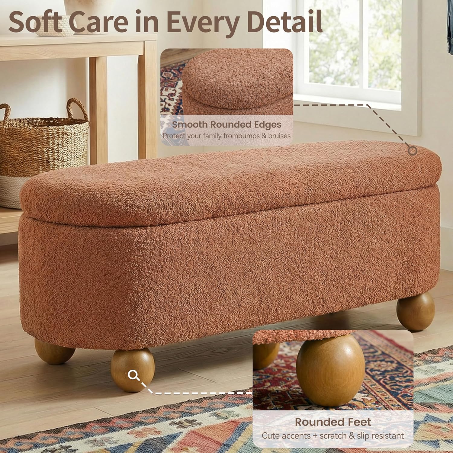 VKNOW Storage Ottoman Bench End of Bed Bench, Thickened Upholstered Blanket Chest for Living Room, Entryway Bench with Cute Spherical Solid Wood Stool Legs for Bedroom, Orange