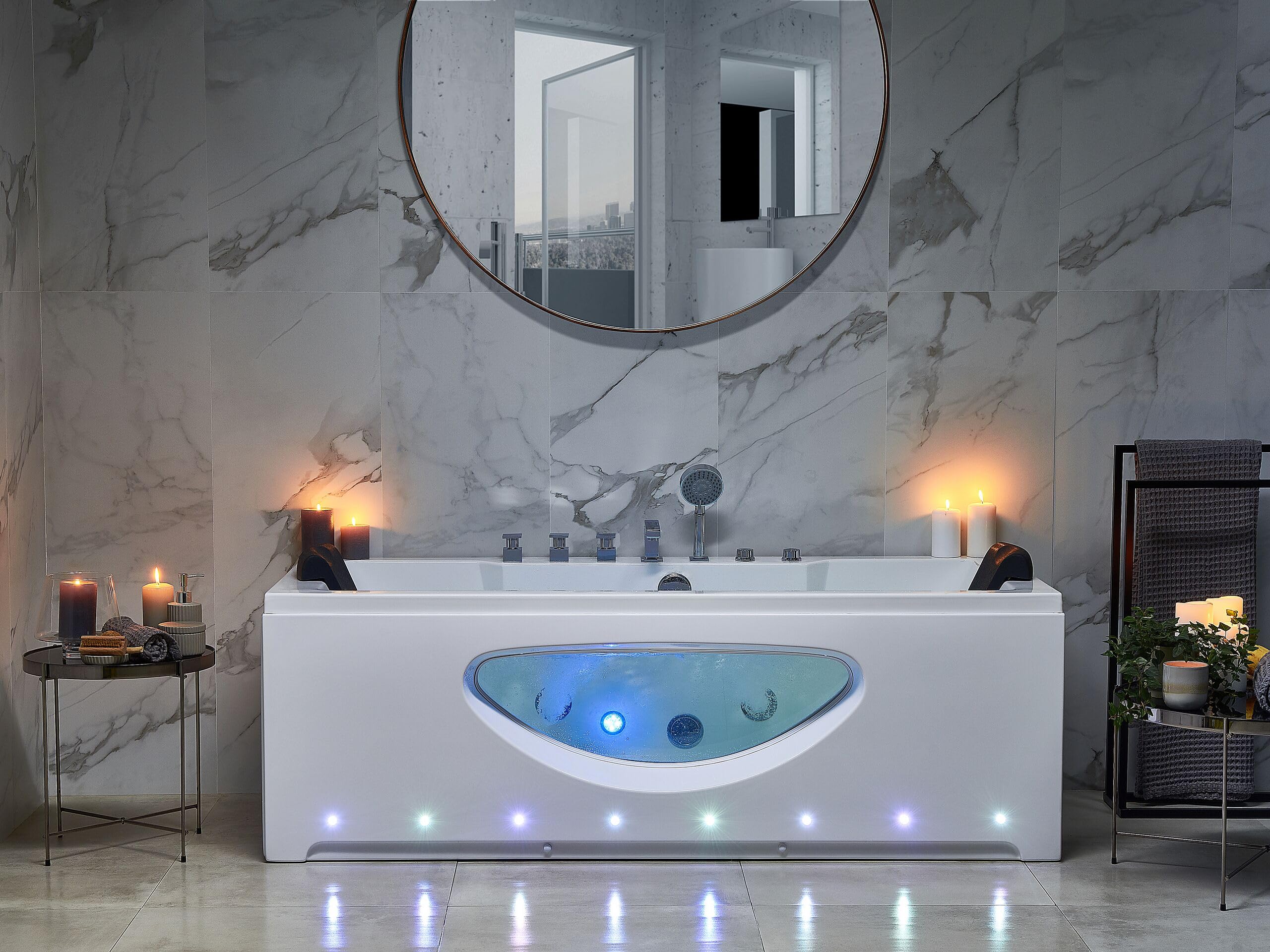 Baignoire Balnéo de Forme Rectangulaire en Acrylique Blanc Vitré et LED Multicolore 2 Appuis-Tête et une Capacité de 197 Litres Beliani